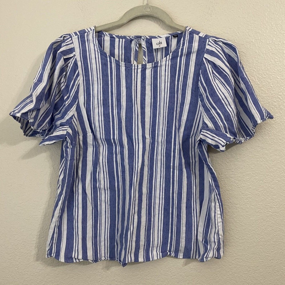 Cabi Shirt Womens Medium Wing Top Linen Blend Stripes Blue White